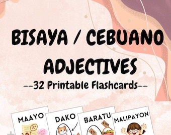 Tarjetas didácticas imprimibles con adjetivos en cebuano y bisaya para niños y adultos.