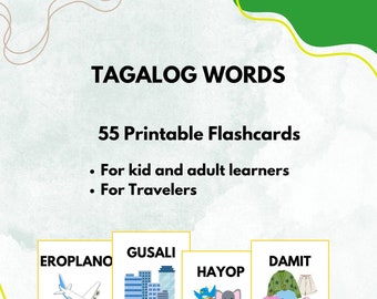Tarjetas imprimibles de palabras en tagalo para niños y adultos, palabras básicas en tagalo