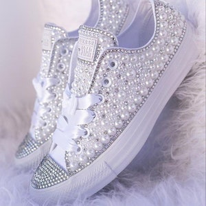 Bling Wedding Converse Bridal Trainers Shoes for bride Silver Crystals with White Pearl Sneakers Personalized Bride Shoe image 1