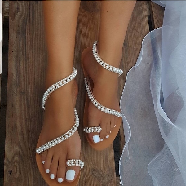 Wedding Sandals - Bridal Shoes - Leather Sandals - Wedding Shoes For Bride - Pearl Wedding Shoes - Brefoot Sandals - Wonen's wedding sandals