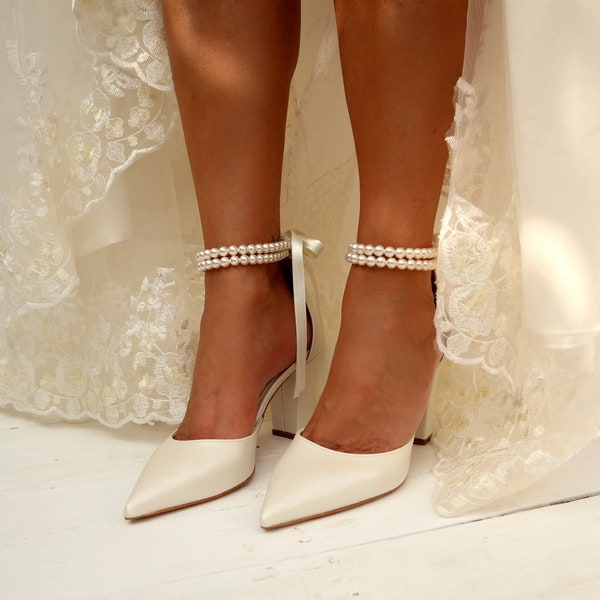 Chaussure de mariage pour la mariée - Chaussures compensées de mariée - Talons blocs de mariée - Talons perles D'Orsay avec bride à la cheville - Chaussures de mariée - « PAOLINA »