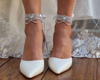 Women's bridal block heels/ Handmade WHITE heels/ Wedding shoes/ D'Orsay ankle strap heels/ Bridal shoes/ Ankle strap pumps/ "CINDERELLA"