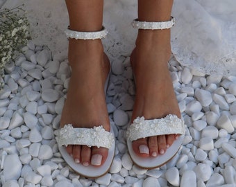 Flat Wedding sandals - Beach wedding - Leather White Wedding Sandals - Bridal Shoes -  Barefoot Sandals - Handmade Sandals - Women's Shoes