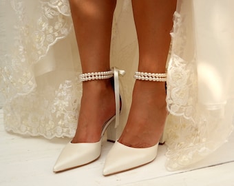 Wedding Shoe For Bride -  Bridal Wedge shoes - Bridal block Heels - D'Orsay ankle strap  Pearl Heels - Bridal Shoes - "PAOLINA"