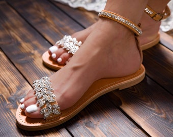 Wedding Sandals For Bride - Bridal Sandals - Beach wedding shoes - Wedding flats shoes - Bridal shoes - Women's wedding shoes