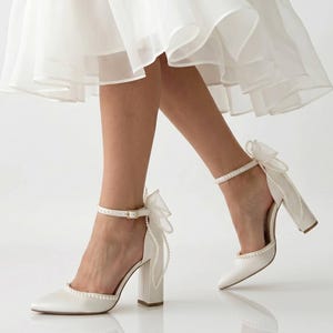 Ivory Bridal Shoes: Eco-Leather Block Heels Organza Bow with Pearl Ankle Strap