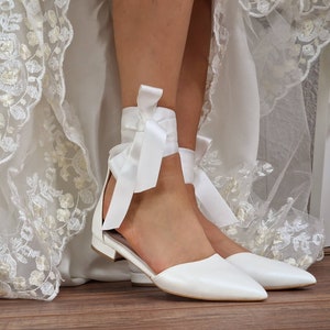 Women&#39;s  White Wedding Ballet Flats, IVORY vegan bridal shoes, lace up shoes, ballet flats with satin ribbons & ankle straps&quot;JOY&quot;