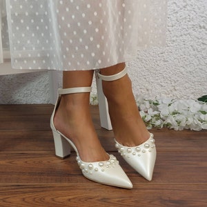 Ivory Pearl Block Heels - D'Orsay ankle strap -  Bridal Wedge shoes - "BARBARA"