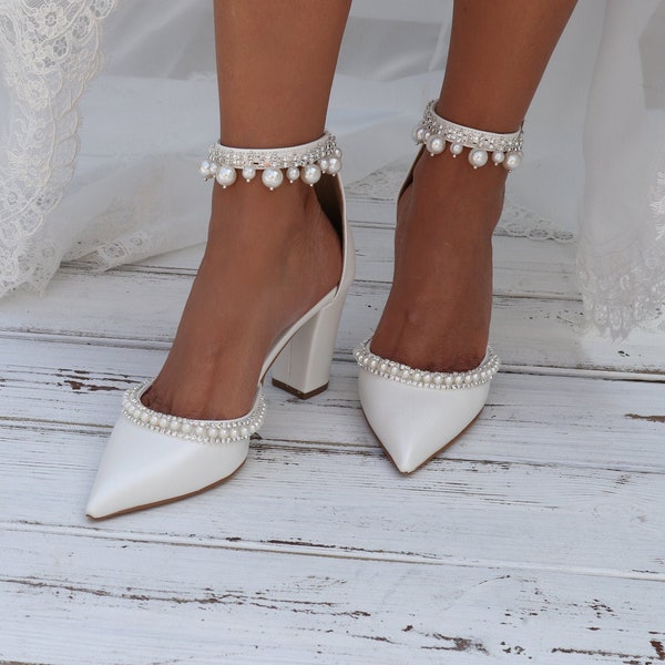 D'Orsay Ankle Bridal Shoes/ Handmade White Shoes/ Wedding Stripe Bridal Shoes/ wedding sandals/ Bridal pearl heels/ "ANISE"