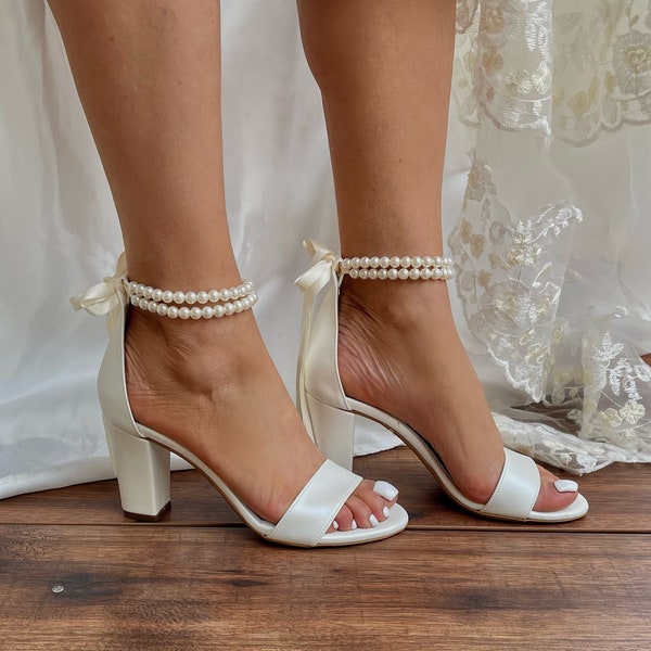 Bridal Shoes - Wedding Shoe For Bride - Ivory Bridal Wedge shoes - White Bridal block Heels - Open Toe Shoes with Pearl Ankles  - "ERIETTA"