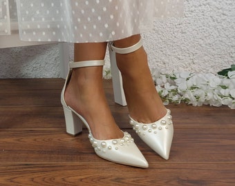 Ivory Pearl Block Heels - D'Orsay ankle strap -  Bridal Wedge shoes - "BARBARA"