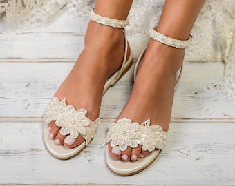 Handmade Ivory Lace Wedding Sandals: Strappy Pearl Bridal Shoes