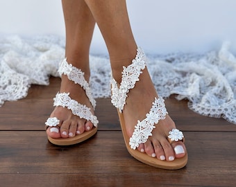 Wedding Sandals - White Leather Bridal Shoes - Pearl and Lace Beach Wedding Sandals - Low Heel Flats - Women's Wedding Shoes - DELORI