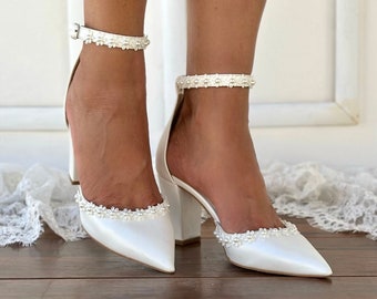 Pearl with flowers Wedding Wedge Shoes: Bridal Ankle Strap Block Heels