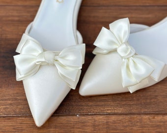 Ivory Wedding Ballet Flats with Satin Bow - Bridal Shoes