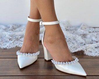 Women's Block Heel Wedding Shoes - Pearl Embellished Pumps -  Bridal shoes - Bridal block Heels - D'Orsay ankle strap  Pearl -"SADRA"