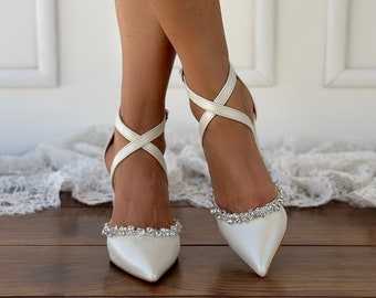 Block heel wedding sandals/ Off White Wedding shoes/ Handmade heels/ D'Orsay Bridal heels/ Silver-embellished shoes/ "VALIA"