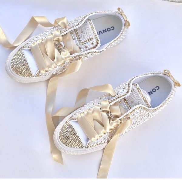 Champagne Wedding Converse / Bling and Pearl / Wedding Custom Converse / Bride Converse / Wedding Chucks / Personalized Bride Shoe