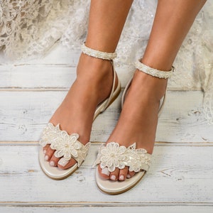 Handmade Ivory Lace Wedding Sandals: Strappy Pearl Bridal Shoes