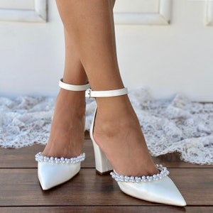 Women's Block Heel Wedding Shoes - Pearl Embellished Pumps -  Bridal shoes - Bridal block Heels - D'Orsay ankle strap  Pearl -"SADRA"