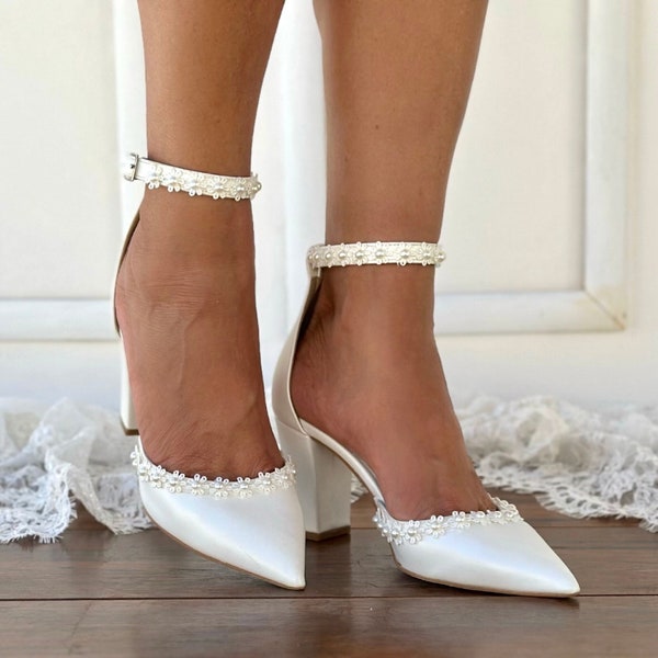 Wedding Shoe For Bride -  Bridal Wedge shoes - Bridal block Heels - D'Orsay ankle strap  Pearl Heels - Bridal Shoes - "PENNY"