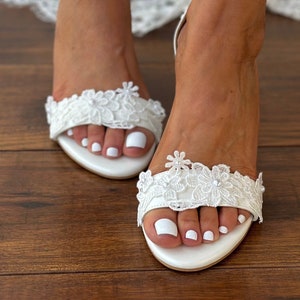 Block heel white wedding sandals/ IVORY Bridal heels with lace/ Wedding shoes/ pearlized white heels/ AVA image 3