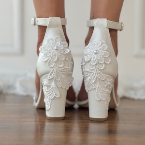 Block heel white wedding sandals/ IVORY Bridal heels with lace/ Wedding shoes/ pearlized white heels/ "AVA"