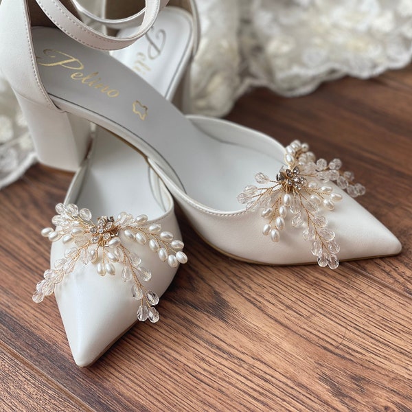 Wedding Shoe For Bride - Bridal Wedge shoes - D'Orsay ankle strap heels  - Bridal shoes - Clip Pearl Heels - Bridal Shoes -"EVELYN"