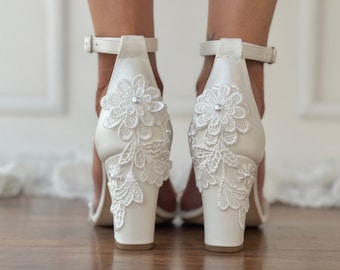 Block heel white wedding sandals/ IVORY Bridal heels with lace/ Wedding shoes/ pearlized white heels/ "AVA"