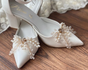 Chaussure de mariage pour la mariée - Chaussures compensées de mariée - Talons D'Orsay avec bride cheville - Chaussures de mariée - Talons à clip perles - Chaussures de mariée - « EVELYN »