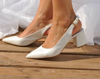 Wedding shoes -  Slingback Bridal heeled shoes - Bridesmaid block heel - White Shoes for bride - Block heel bridal shoes - EDNA