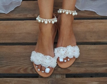 Wedding Sandals - Bridal Shoes - Beach Wedding Sandals - Wedding Shoes For Bride - Women's Wedding Shoes - White or Ivory lace Flowers