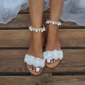 Wedding Sandals - Bridal Shoes - Beach Wedding Sandals - Wedding Shoes For Bride - Women&#39;s Wedding Shoes - White or Ivory lace Flowers