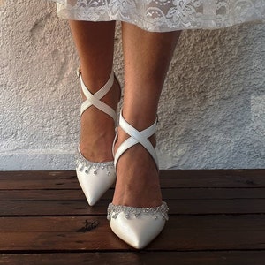 Wedding Shoe For Bride - Bridal block Heels - D&#39;Orsay criss cross strap heel - Silver-embellished shoe - Pointed Toe Pumps &quot;NELENA&quot;