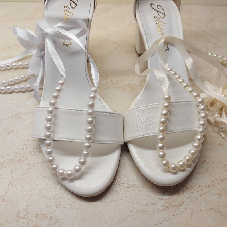 Bridal Shoes Wedding Shoe For Bride Ivory Bridal Wedge shoes White Bridal block Heels Open Toe Shoes with Pearl Ankles ERIETTA image 8