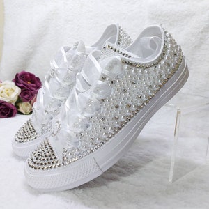 Bling Wedding Converse Bridal Trainers Shoes for bride Silver Crystals with White Pearl Sneakers Personalized Bride Shoe image 6