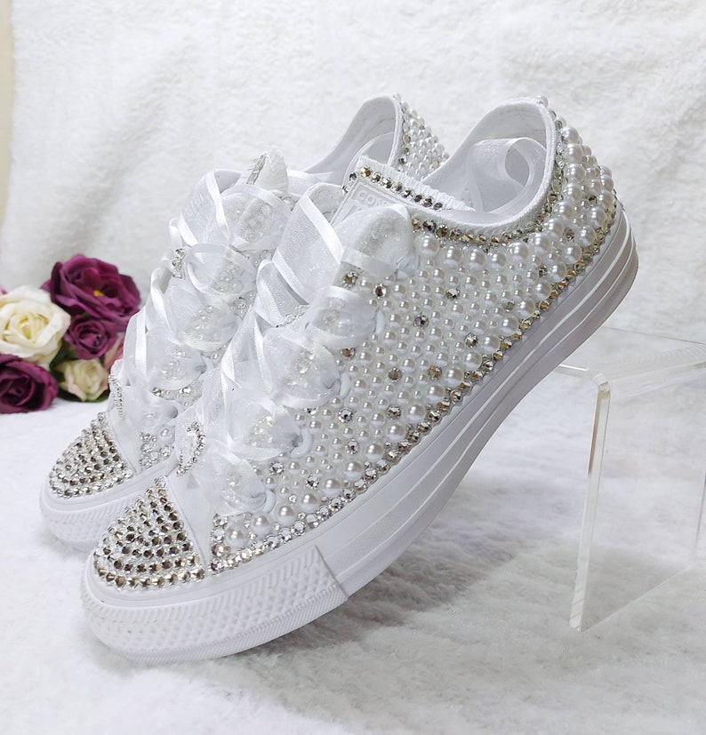 Bling Wedding Converse Bridal Trainers Shoes for bride Silver Crystals with White Pearl Sneakers Personalized Bride Shoe image 6