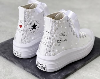 Benutzerdefinierte Hochzeit Conversive Plattform Perlen Personalisierte Braut Sneakers Strass Frau Name Datum Satin Schnürsenkel