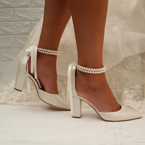 Wedding Shoe For Bride Bridal Wedge shoes Bridal block Heels D'Orsay ankle strap Pearl Heels Bridal Shoes PAOLINA image 7