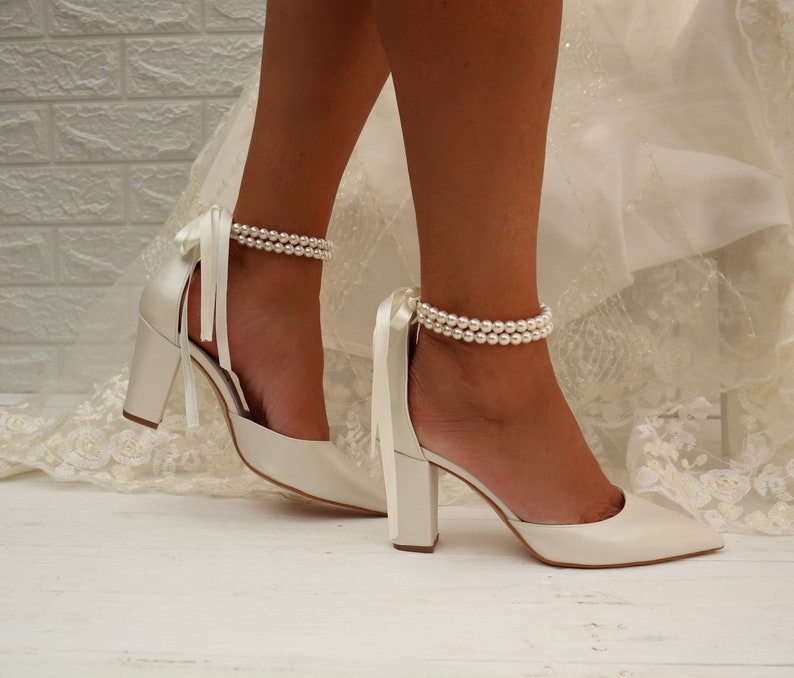 Wedding Shoe For Bride Bridal Wedge shoes Bridal block Heels D'Orsay ankle strap Pearl Heels Bridal Shoes PAOLINA image 7