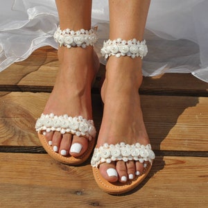 Wedding Sandals For Bride - Bridal Shoes - Wedding Flats Sandals - Wedding Shoes - Leather Sandals - Bridal Sandals