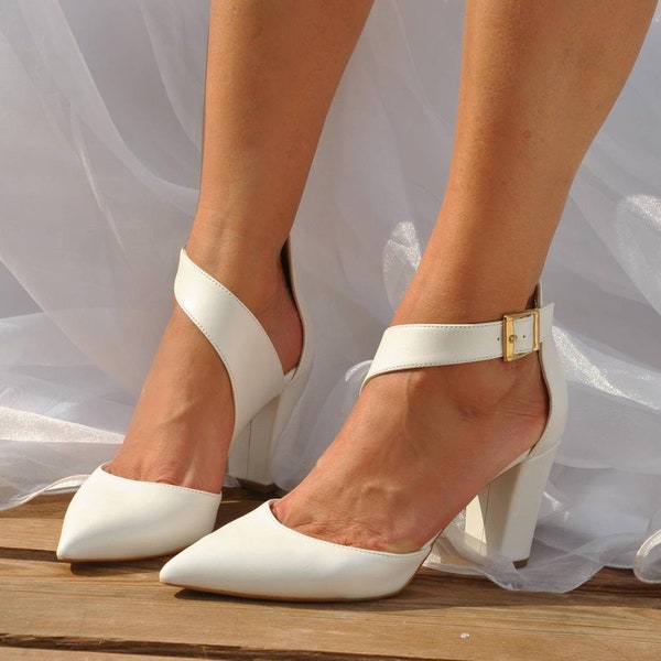 Wedding Shoes - Wedding Shoes For Bride - Bridal Shoes Block Heel - Wedding Heels -White Wedding Heels For Bride - "PELINO"