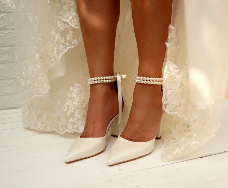 Wedding Shoe For Bride Bridal Wedge shoes Bridal block Heels D'Orsay ankle strap Pearl Heels Bridal Shoes PAOLINA image 1