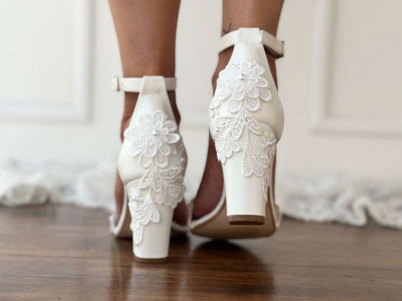 Block heel white wedding sandals/ IVORY Bridal heels with lace/ Wedding shoes/ pearlized white heels/ AVA image 6