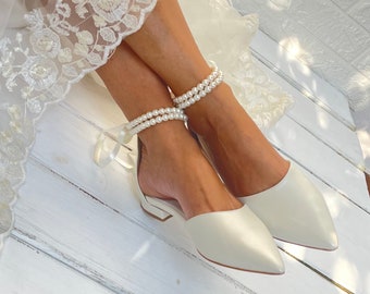 Chaussures de mariée pour femme - Chaussures plates en IVOIRE faites main - Ballerines de mariage - Ballerines d'Orsay - Chaussures de mariée en perles - Ballerines de mariée - AMELIA