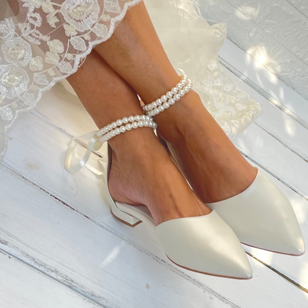 Women's bridal shoes - Handmade IVORY flats - Wedding ballet pumps - D'Orsay flats - Bridal pearl shoes - Ballerina bridal shoe - AMELIA