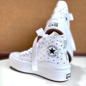 Bridal Platform Sneakers with Rhinestones whit Satin Laces – Personalized Ankle Boots with “I Do” -  Flowers Bridal Trainers
