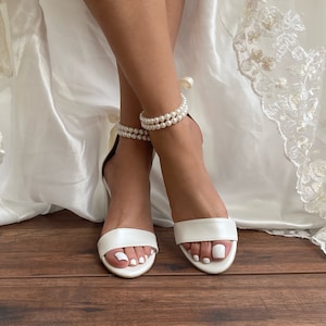 Bridal Shoes Wedding Shoe For Bride Ivory Bridal Wedge shoes White Bridal block Heels Open Toe Shoes with Pearl Ankles ERIETTA image 3