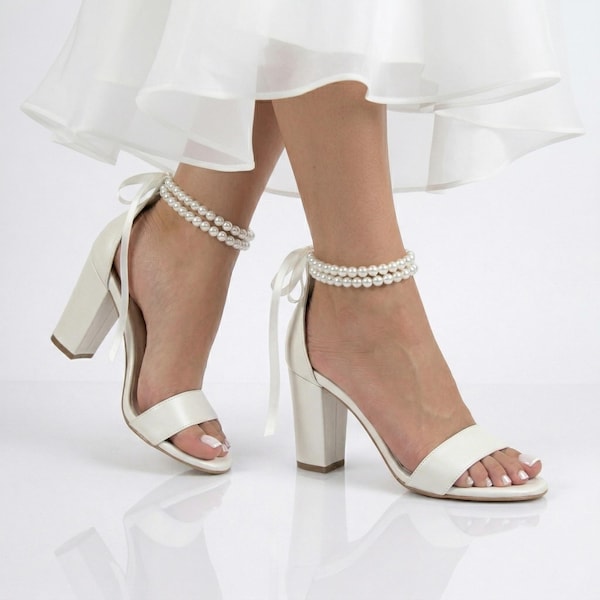 Pearl Bridal Sandals Block Heel Wedding Shoes Includes Extra Interchangeable Plain Leather Ankle Straps