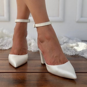 Bridal block Heels - Off White Bridal Wedge shoes - D'Orsay ankle strap Heels - Bridal Shoes - Wedding shoes -  AUGUSTA